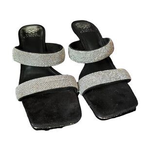 Vince Camuto Aslee Silver Rhinestone Black Suede Square Toe Mule Heels SZ 9